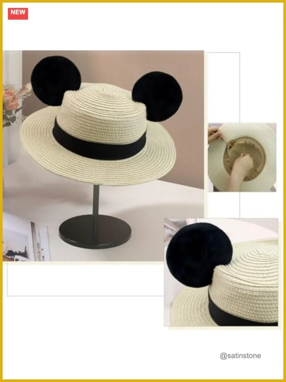 Woven Straw Boater Hat with Mouse Ears, Lightweight Breathable Sun Hat for